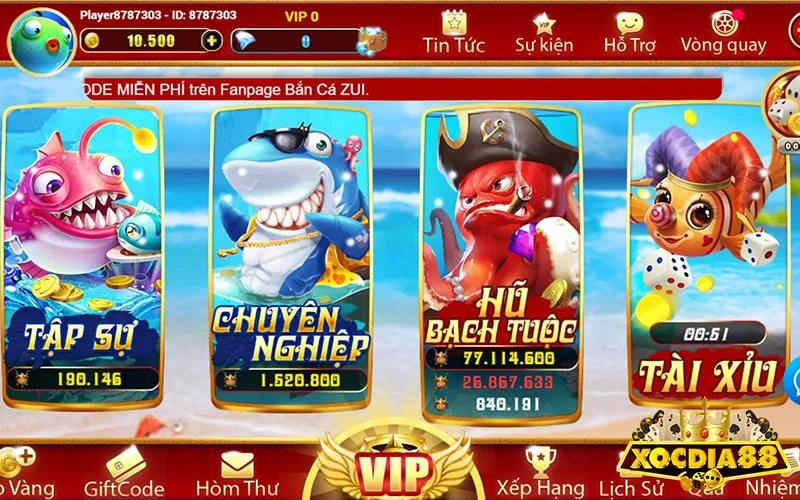 Giao diện game Bắn Cá Zui XOCDIA88 với đồ họa 3D sắc nét